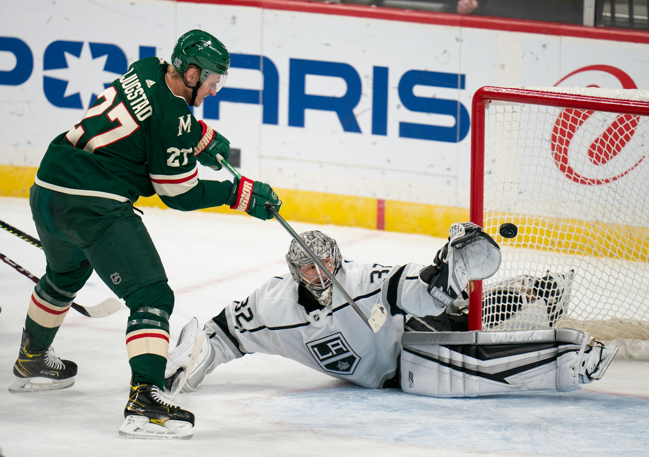Wild center Nick Bjugstad  lifted the puck over Kings goaltender Jonathan Quick for a second-period goal.