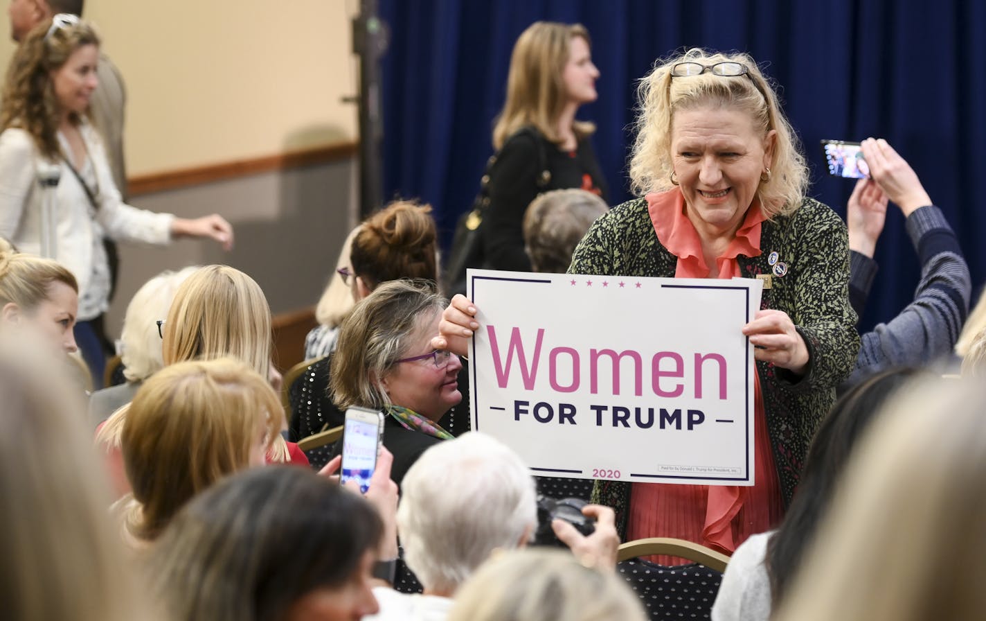 A Trump supporter posed with her sign before the start of Wednesday night's "Women for Trump" event at St. Paul's Union Depot. ] Aaron Lavinsky &#x2022; aaron.lavinsky@startribune.com The Minnesota GOP held a "Women for Trump" event with Second Lady Karen Pence and President Trump's daughter-in-law, Lara Trump, on Wednesday, Oct. 9, 2019 at Union Depot in St. Paul, MInn.