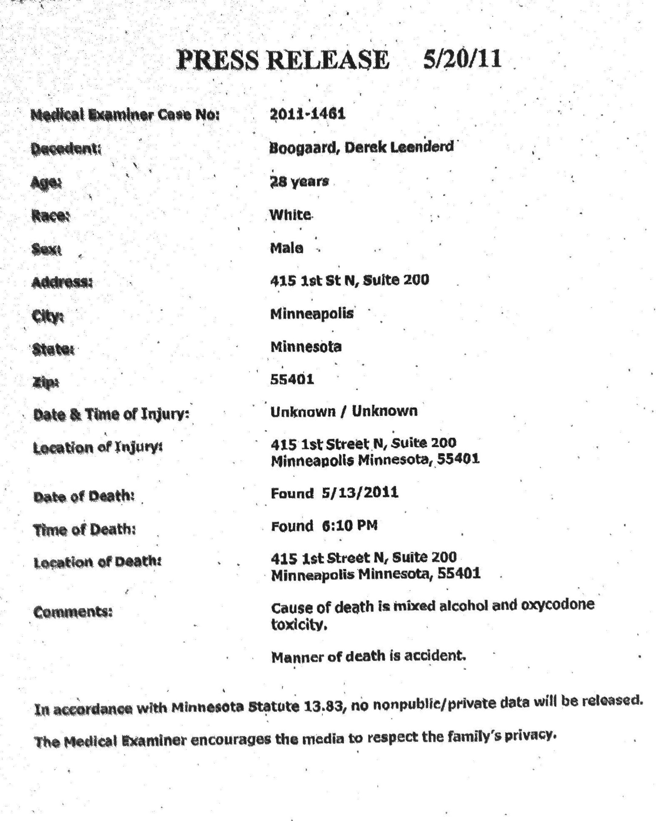 Release on Derek Boogaard's cause of death.