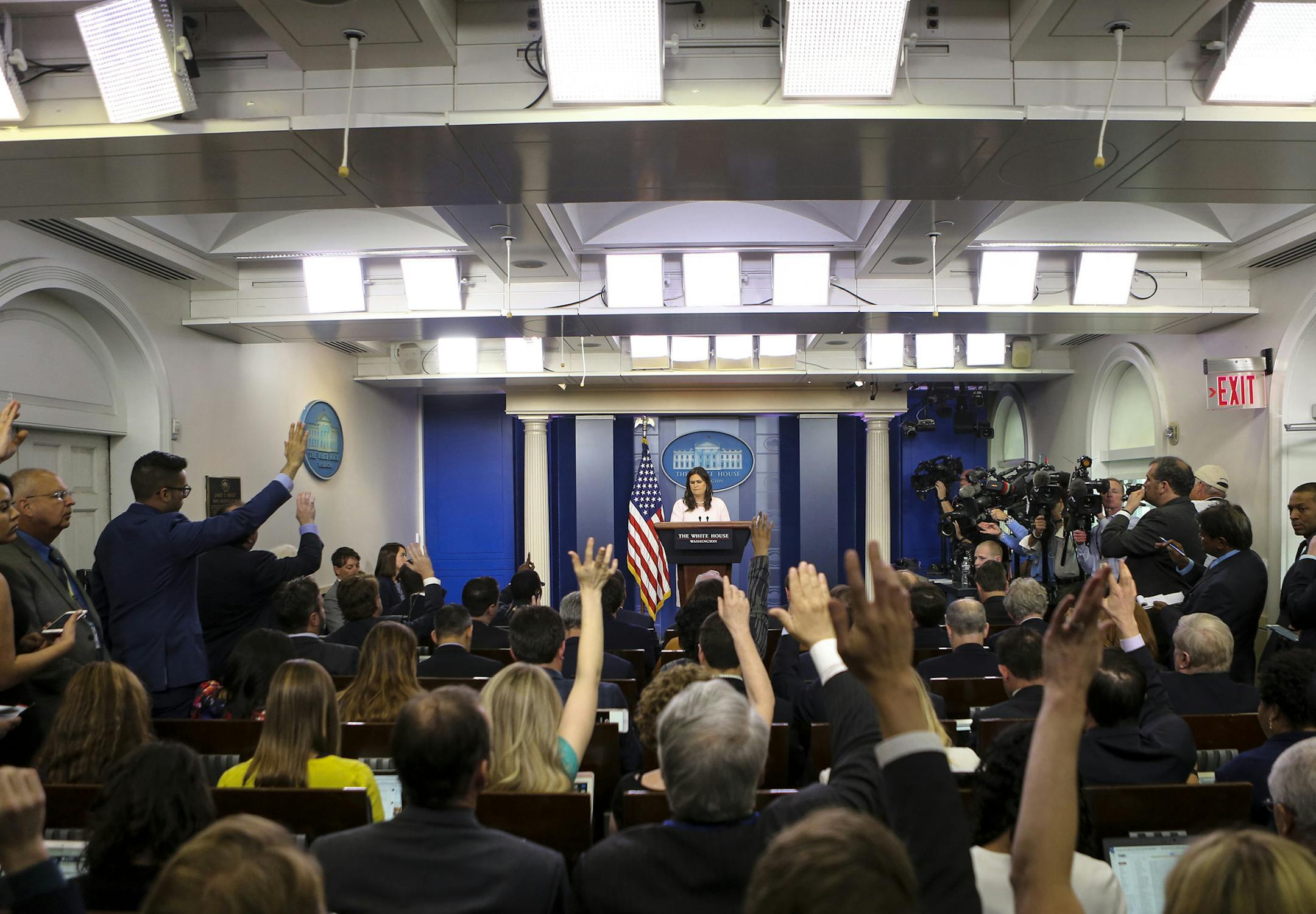 White House press secretary Sarah Huckabee Sanders speaks during the daily press briefing in the Brady Press Briefing Room at the White House on April 23, 2018 in Washington, D.C. Reporters Without Borders said Wednesday the United States has fallen on the global index of press freedom. (Oliver Contreras/Sipa USA/TNS) ORG XMIT: 1229550