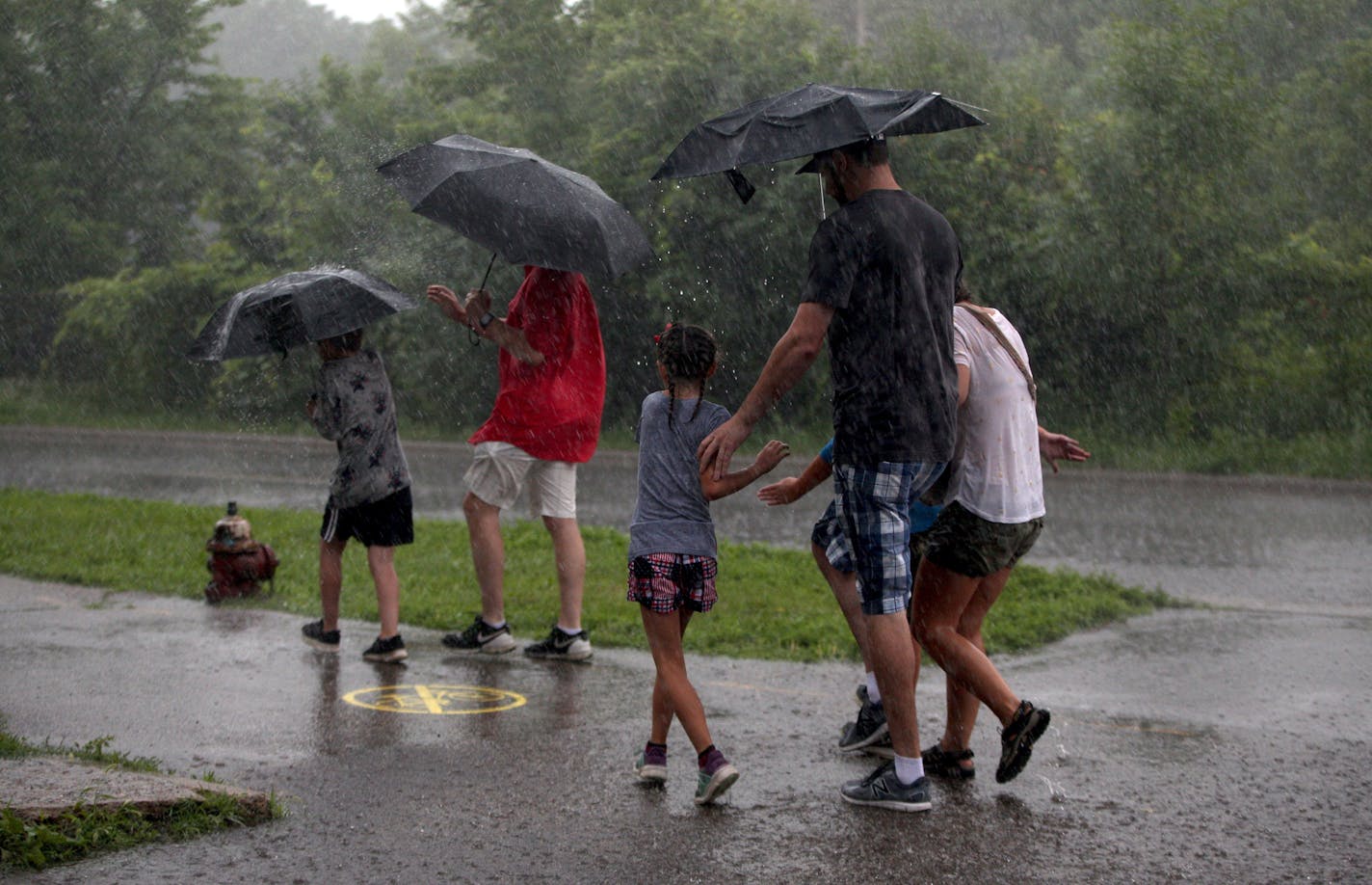 Umbrellas whip in the wind as people run towards Fort Snelling to take shelter before the Fourth of July parade.