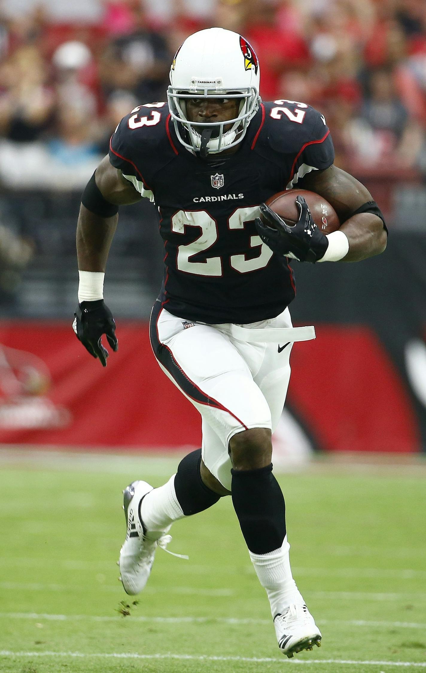 Arizona Cardinals running back Adrian Peterson (23) runs with the ball against the Tampa Bay Buccaneers during the first half of an NFL football game Sunday, Oct. 15, 2017, in Glendale, Ariz. (AP Photo/Ralph Freso)