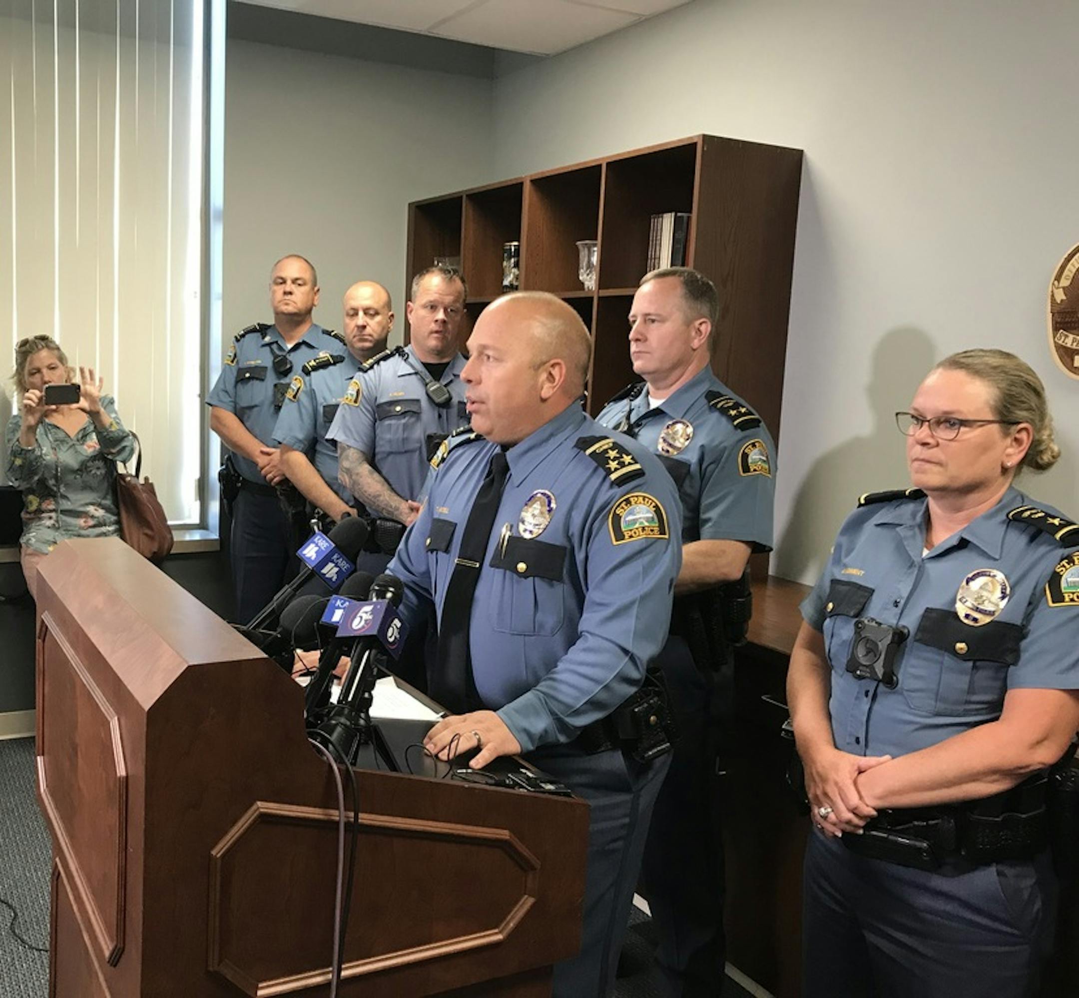 St. Paul Police Chief Todd Axtell announced the firing of five police officers for failing to intervene in an assault last year.