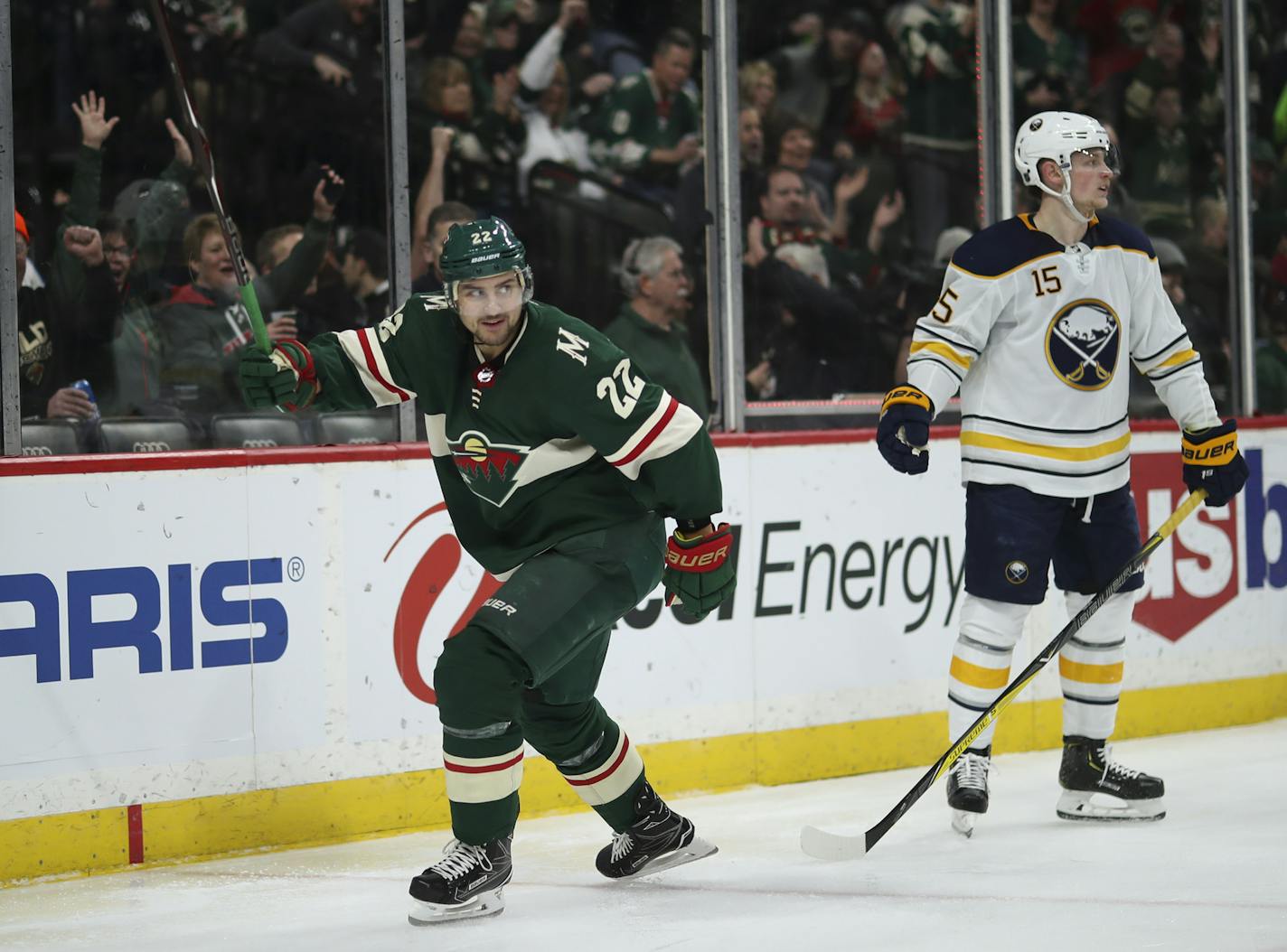 Wild right wing Nino Niederreiter celebrated his hat trick in the second period against Buffalo last week.