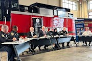 Gov. Tim Walz and Sen. Heather Gustafson met with law enforcement leaders at a Lino Lakes fire station Thursday to discuss the $300 million in state f