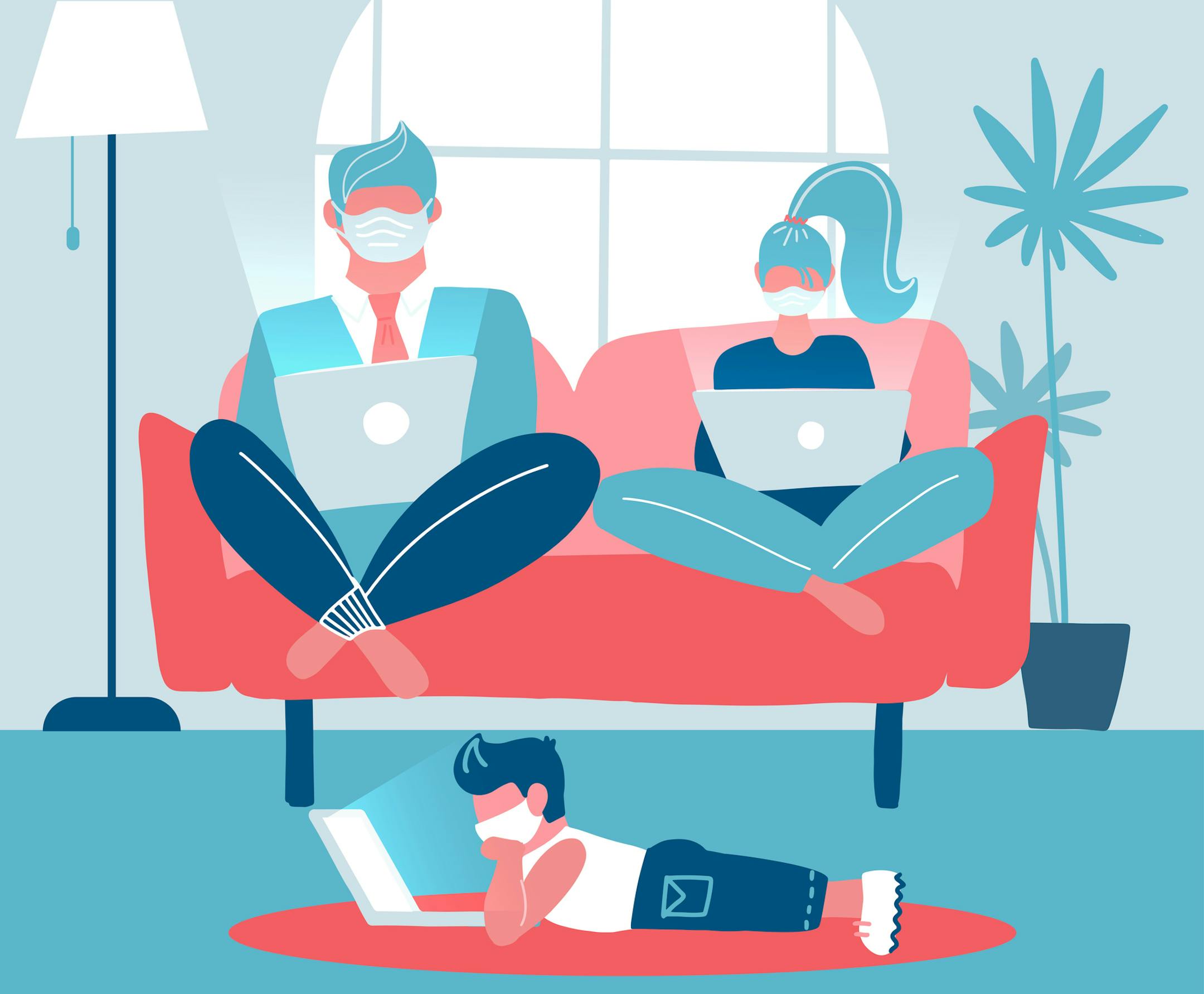 Whole family working on laptops sitting on a sofa. Husband and wife work remotely. Child lying on the floor studying remotely. Trendy home interior. Gadget addiction. Flat vector illustration.