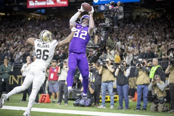 Minnesota Vikings tight end Kyle Rudolph caught the winning touchdown over New Orleans Saints cornerback P.J. Williams in overtime of the 2019 playoff