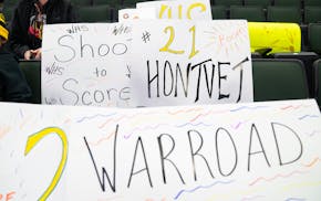 Homemade signs dot the stands before Wednesday's first Class 1A boys hockey quarterfinal game between second-seeded Warroad and unseeded New Ulm at Xc