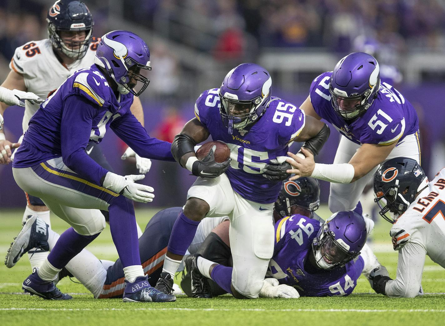 Minnesota Vikings defensive end Ifeadi Odenigbo (95) recovered a Chicago Bears quarterback Mitchell Trubisky (10) in the fourth quarter .] Jerry Holt &#x2022; Jerry.Holt@startribune.com The Minnesota Vikings played the Chicago Bears in a NFL football game Sunday , December 29, 2019 at U.S. Bank Stadium in Minneapolis, MN. ORG XMIT: MIN1912291554132617