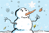 An illustration of a snowman with falling leaves.