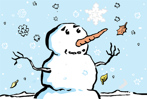 An illustration of a snowman with falling leaves.