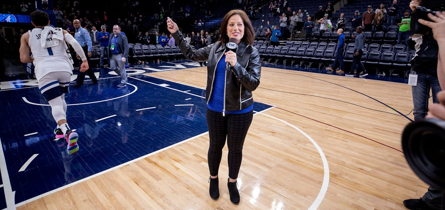 Marney Gellner of Fox Sports North after interviewing Minnesota Timberwolves Tyus Jones.