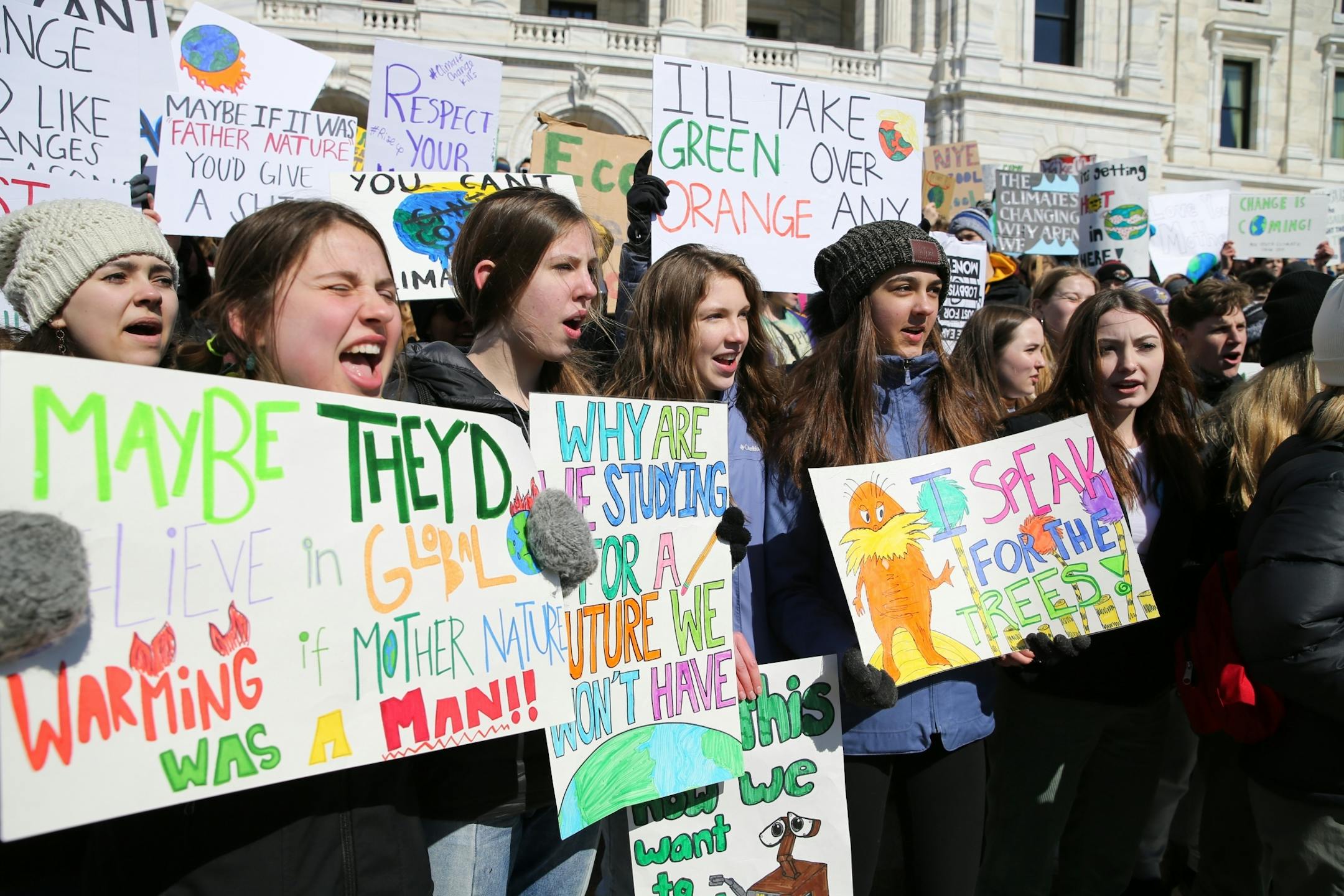 Minnesota students left school and went to the Capitol in St. Paul to be part of an international climate change protest, joining hundreds of thousands of students in more than 100 countries around the globe on Friday, March 15, 2019.