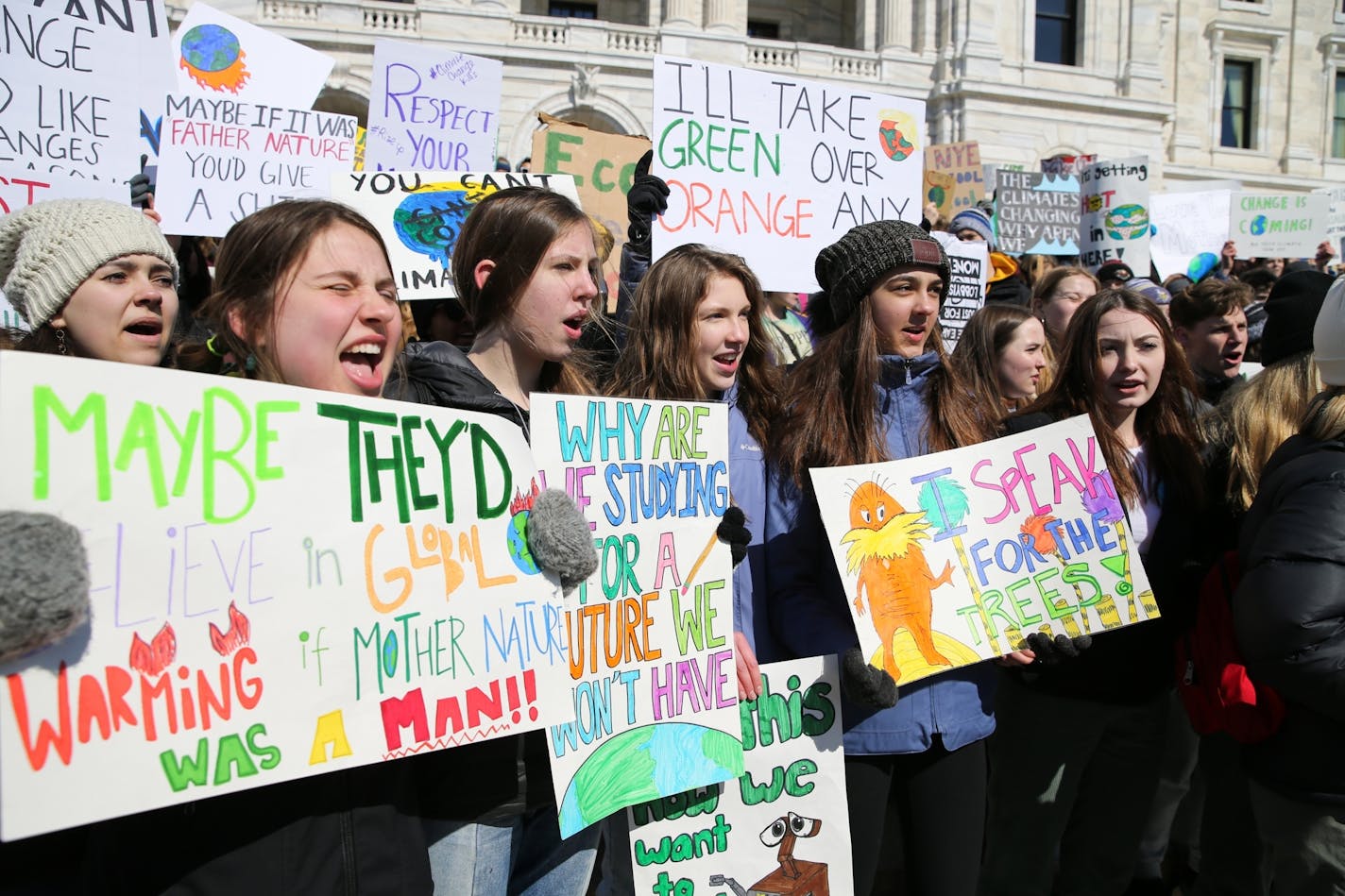 Minnesota students left school and went to the Capitol in St. Paul to be part of an international climate change protest, joining hundreds of thousands of students in more than 100 countries around the globe on Friday, March 15, 2019.