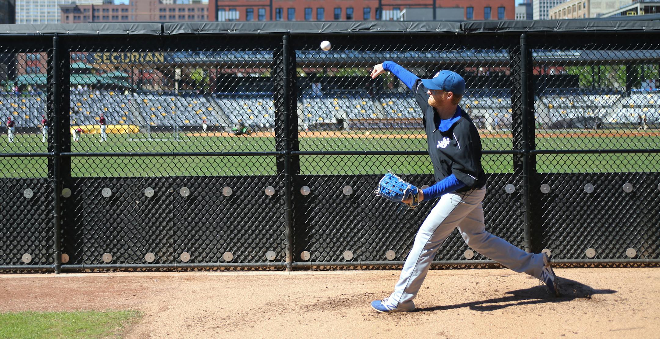 Pitcher Dan Johnson from Ham Lake, Minn. practiced with the Saints as a non-roster invitee.] Shari L. Gross ï sgross@startribune.com The St. Paul Saints held their first open workout of the season on CHS Field in St. Paul, Minn. on Saturday, May 6, 2017.