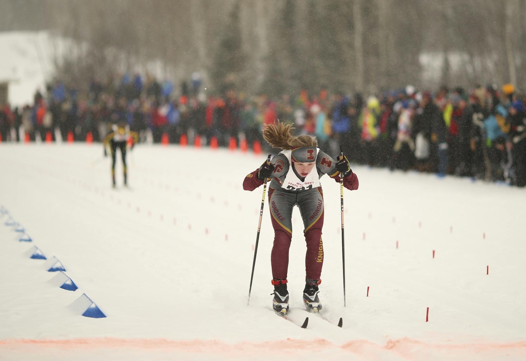 The boys' and girls' Nordic Ski State Meet was held Thursday, February 13, 2014 at Giants Ridge in Biwabik, Minn. Irondale's Mattie Watts held off Burnsiville's Vivian Hett in the 5k Classical race Thursday afternoon to win the girls' state Nordic championship.