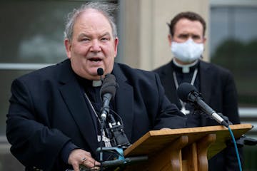 Archbishop Bernard Hebda speaks during a news conference at Archdiocesan Catholic Center in St. Paul, Minn., Thursday, May 21, 2020, amid the coronavi