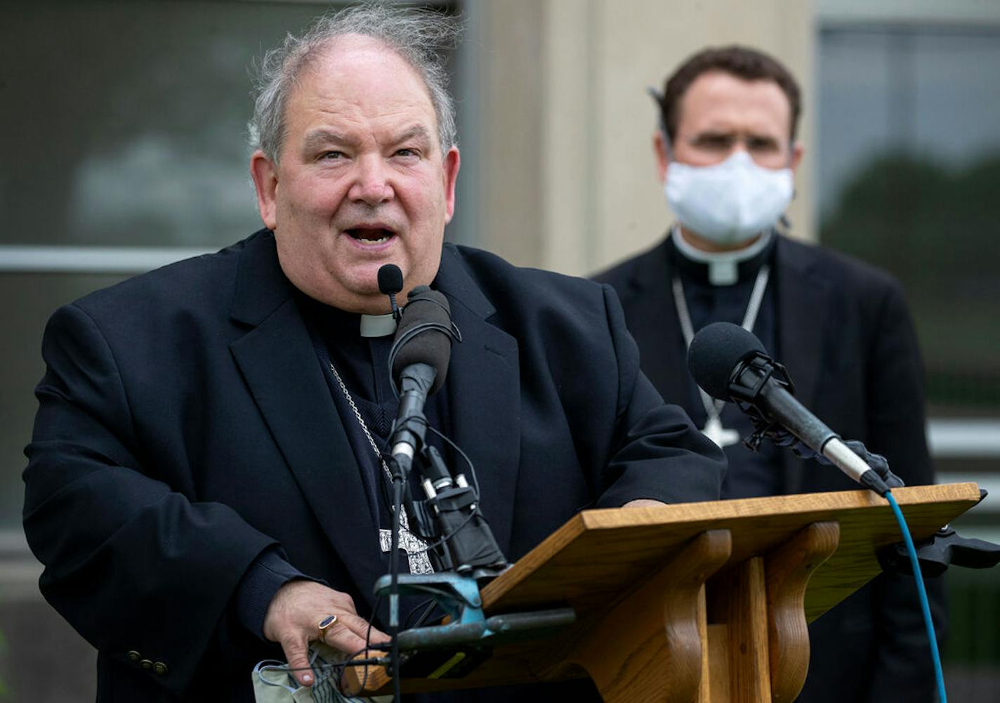 Archbishop Bernard Hebda speaks during a news conference at Archdiocesan Catholic Center in St. Paul, Minn., Thursday, May 21, 2020, amid the coronavirus pandemic. The St. Paul Cathedral is only open for confessions at this time.