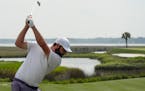 Scottie Scheffler hits his tee shot on the 17th hole during the third round of the RBC Heritage.