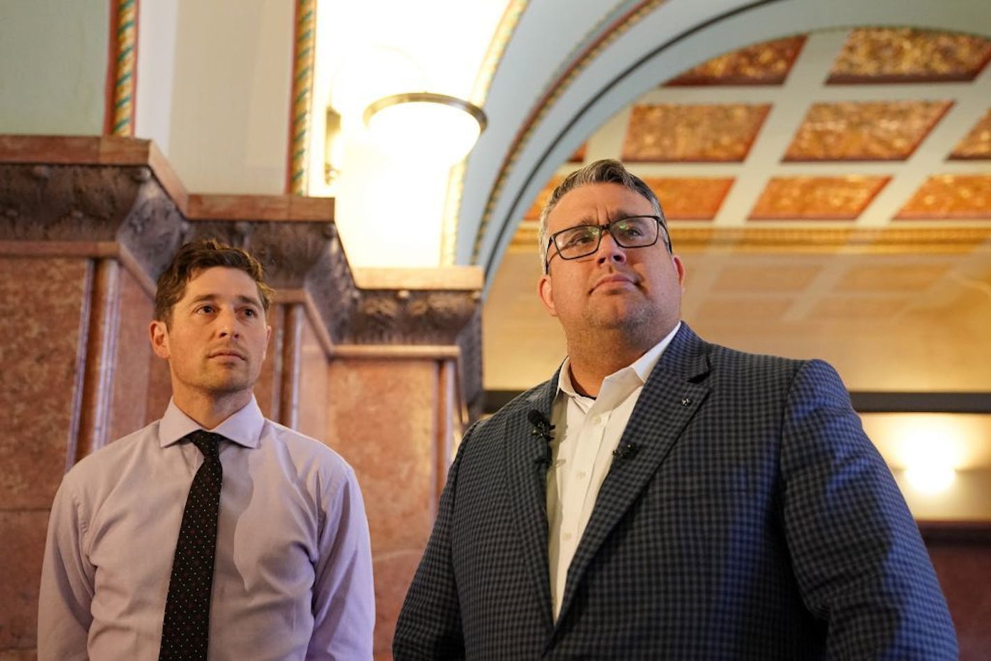 Sheriff elect Dave "Hutch" Hutchinson, who pulled one of the biggest upsets of election night by narrowly defeating Hennepin County Sheriff Rich Stanek, stood with Minneapolis Mayor Jacob Frey during a victory press conference Wednesday, Nov. 7. At the time of the press conference Stanek had yet to officially concede.