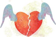 Paul Schmid color illustration of broken winged heart. The Seattle Times 2006 broken heart wing winged love romance divorce breaking up death lost los