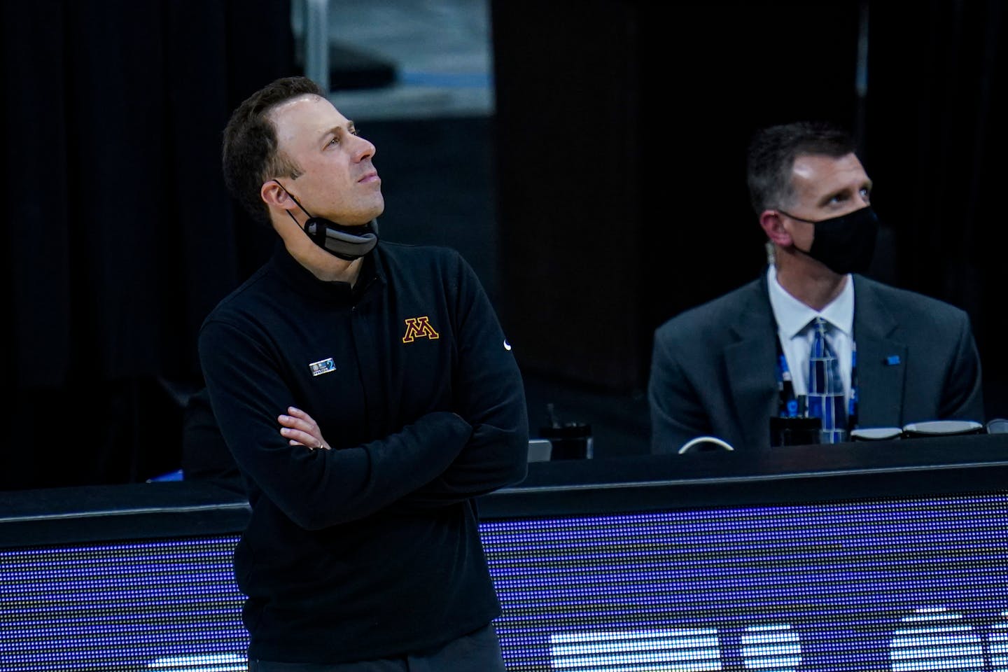 Minnesota head coach Richard Pitino on the bench in the second half of an NCAA college basketball game against Ohio State at the Big Ten Conference tournament in Indianapolis, Thursday, March 11, 2021. (AP Photo/Michael Conroy) ORG XMIT: NAF10