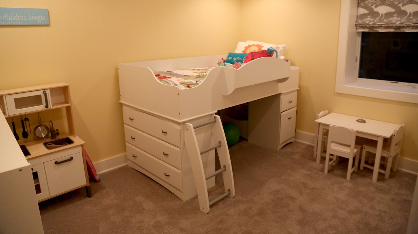 Katy&#x2019;s bedroom features a walk-in closet, and Betsy&#x2019;s room has a space-saving loft bed.