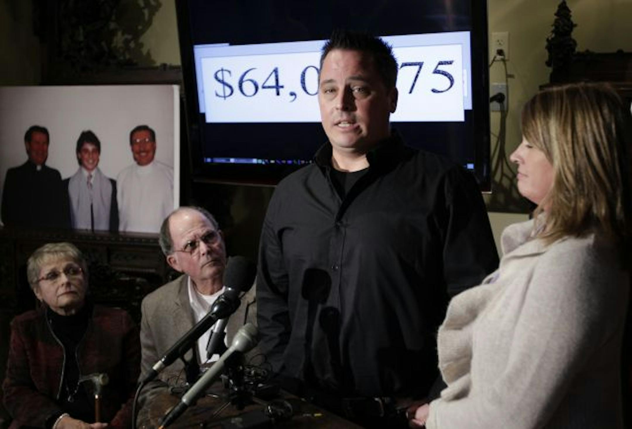 Jim Keenan (center), joined by his mother and father, John and Marna Keenan (left) and his wife, Stephany (right), talked publicly for the first time about sexual abuse Keenan says he suffered as a child by the Rev. Thomas Adamson. The number $64,076.75 is the amount the archdiocese wanted Keenan to pay for its legal expenses. At left: Adamson and Keenan, when the latter was in high school.