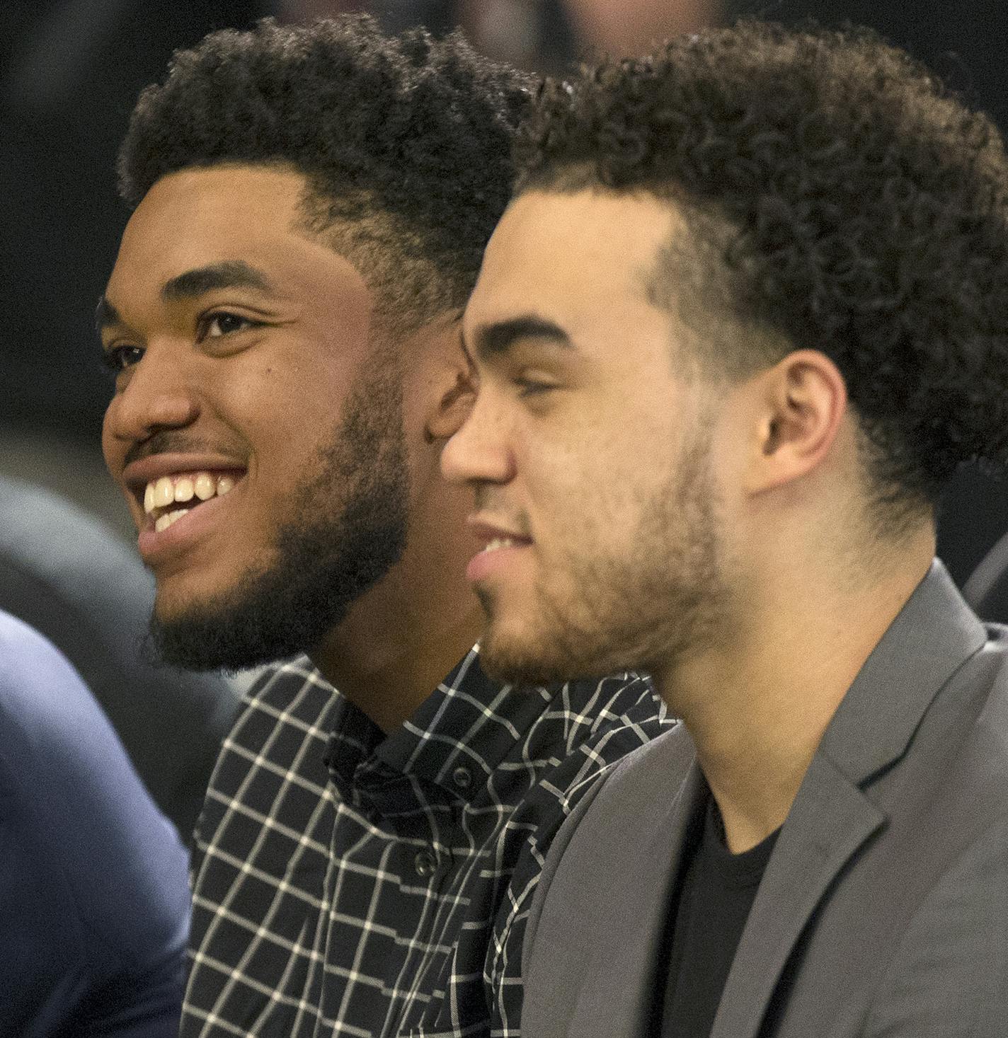 Timberwolves players Karl Anthony Towns and Tyus Jones were in attendance for Tuesday's press conference announcing Tom Thibodeau as the President of Basketball Operations and Head Coach and Scott Layden as General Manager. ] CARLOS GONZALEZ cgonzalez@startribune.com - April 26, 2016, Minneapolis, MN, Target Center, NBA, Minnesota Timberwolves Press conference to announce Tom Thibodeau as coach General Manager Scott Layden President of Basketball Operations and Head Coach Tom Thibodeau Timberwol