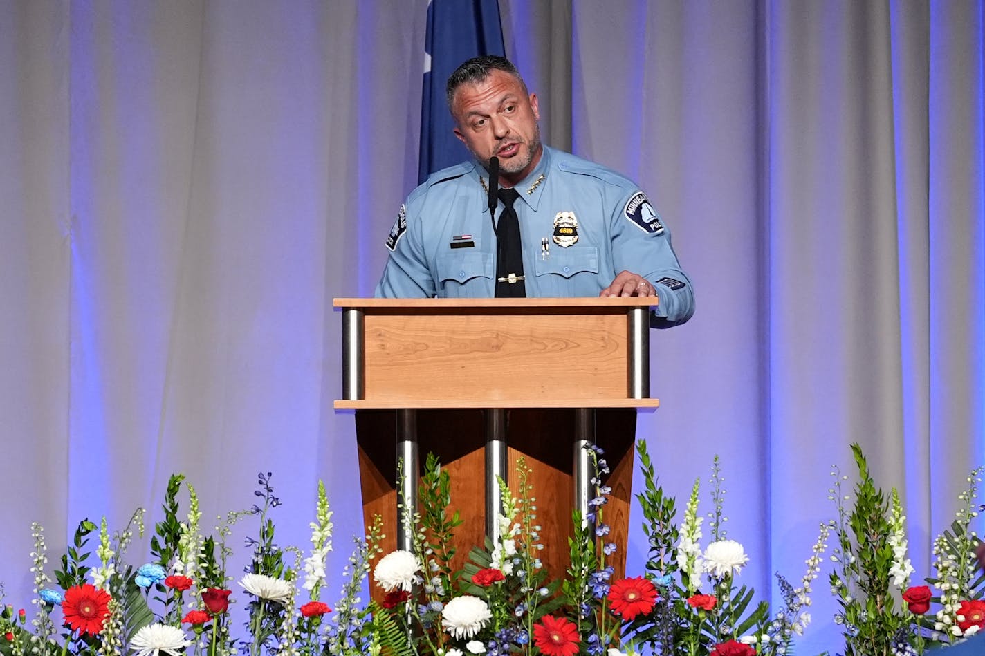 Minneapolis Police Chief Brian O'Hara speaks during a public memorial service for Minneapolis police Officer Jamal Mitchell at Maple Grove Senior High School, Tuesday, June 11, 2024, in Maple Grove, Minn. Mitchell was shot and killed while responding to a shooting on May 30, 2024. (AP Photo/Abbie Parr, Pool)