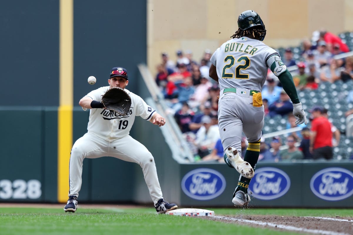 Twins first baseman Alex Kirilloff took the throw to retire Oakland’s Lawrence Butler after a grounder during Thursday’s game at Target Field.