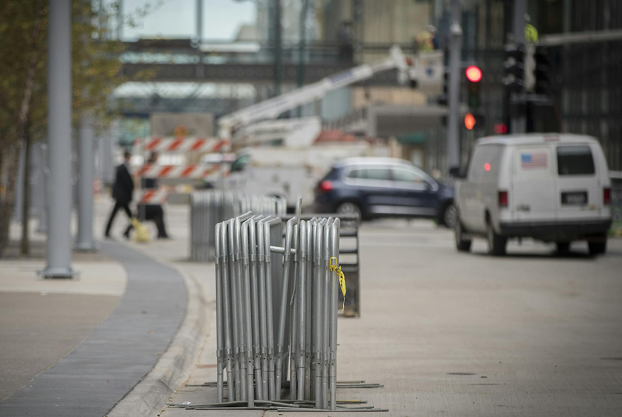 Pedestrian barricades were placed on the street after crew took them down along the Nicollet Mall on Friday.