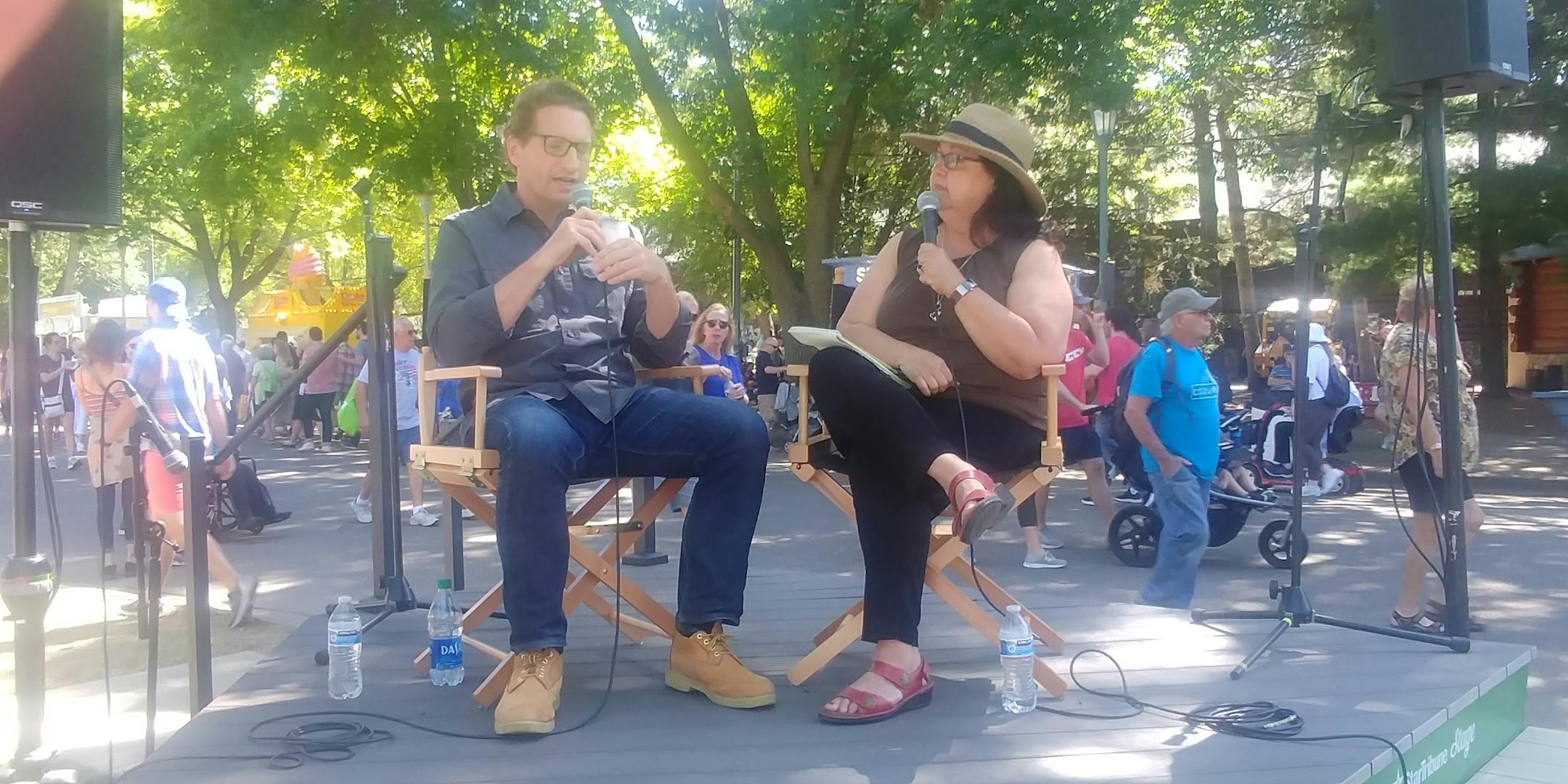 U.S. Rep. Dean Phillips of Minnesota's Third Congressional District with Star Tribune editorial writer Patricia Lopez at the State Fair on Thursday.
