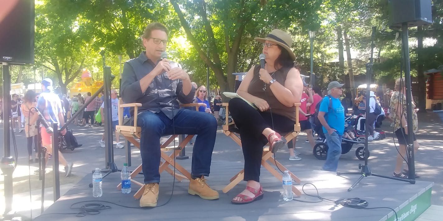 U.S. Rep. Dean Phillips of Minnesota's Third Congressional District with Star Tribune editorial writer Patricia Lopez at the State Fair on Thursday.