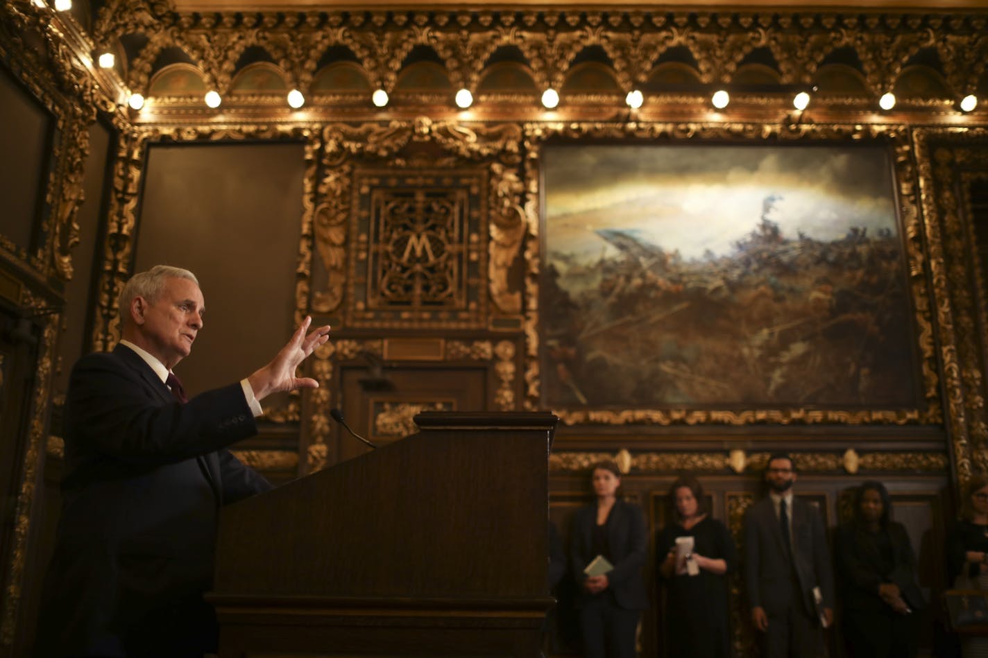 Gov. Mark Dayton at his news conference early Tuesday evening.