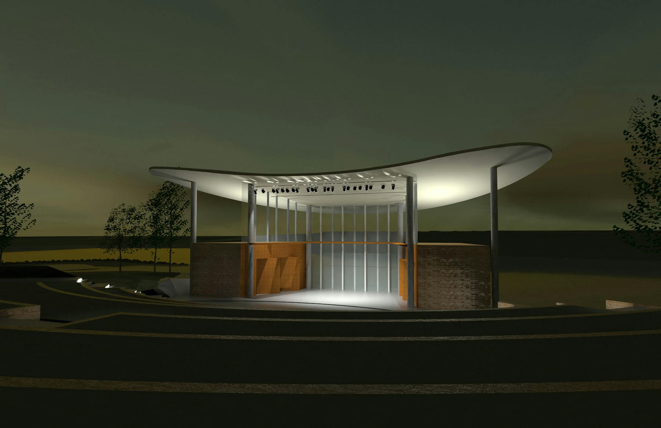 PHOTO COURTESY OF CITY OF MAPLE GROVE .... 1.2009 ... Despite the bleak economy, Maple Grove is going ahead with construction of a new band shell and town green on the west side of Main Street near the new Hennepin County Library under construction now. �It�s going to be a terrific focal point for the city of Maple Grove,�� said the city development director. The designers are credited with creating an �architectural image,�� that will be a signature for the city. IN THIS RENDERING: Night shot P