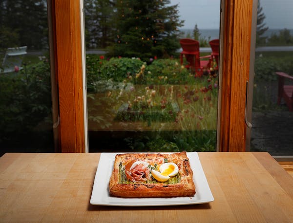 Asparagus Galette. Gruyere, Dijon, prosciutto, egg and lemon at the New Scenic Cafe up the shore north of Duluth.