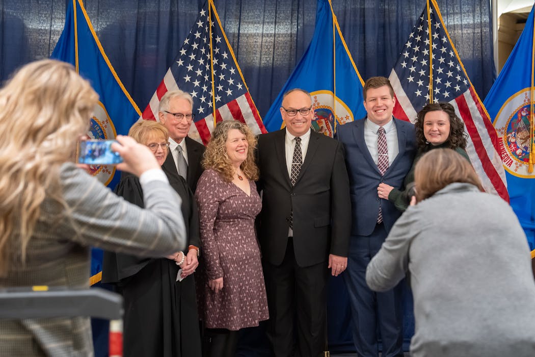 Sen. Rob Kupec, DFL-Moorhead, posed with family members for his portrait on Jan. 3, 2023, the first day of legislative session.