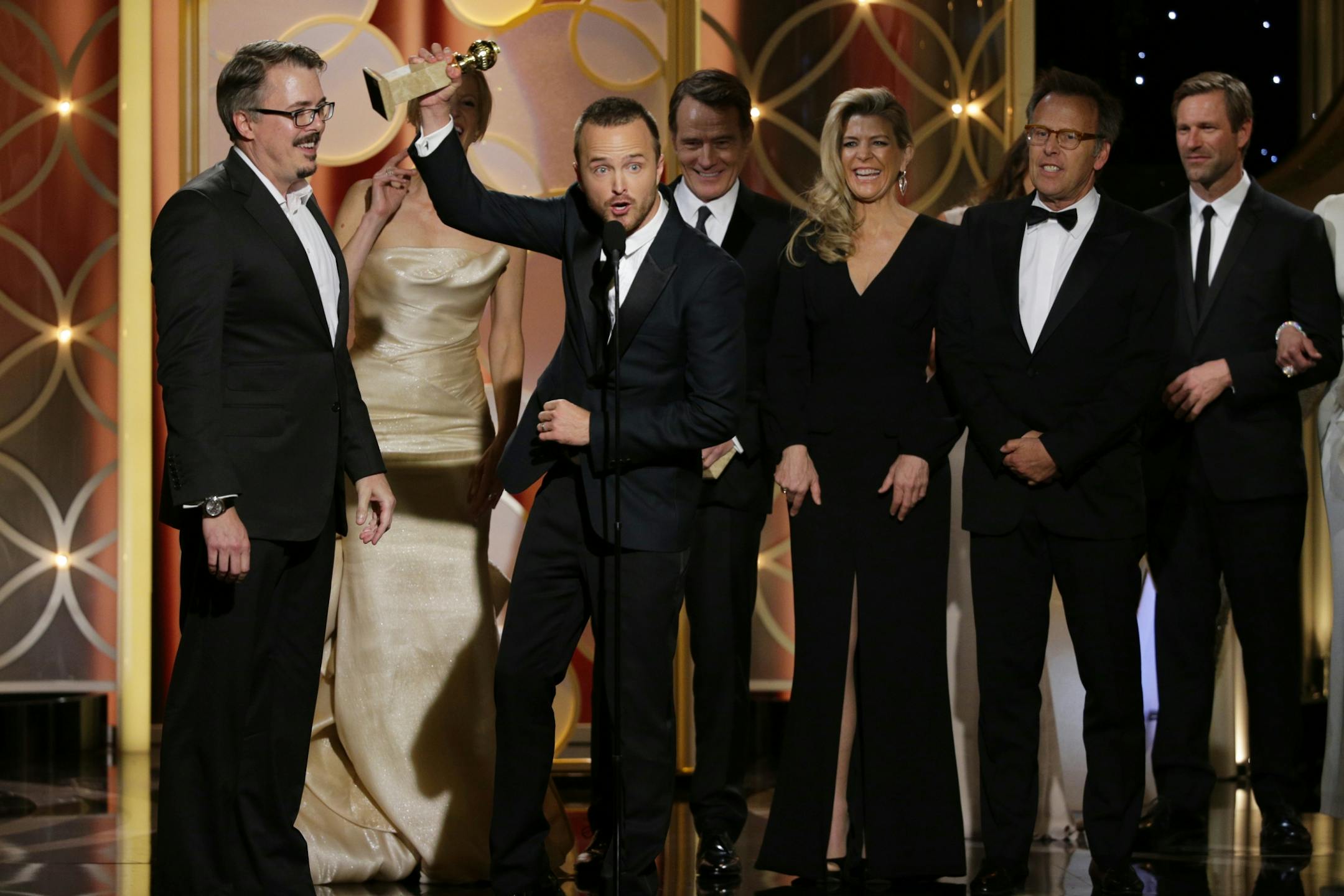 This image released by NBC shows show creator Vince Gilligan, left, and actor Aaron Paul with the award for best TV series drama for "Breaking Bad" during the 71st annual Golden Globe Awards at the Beverly Hilton Hotel on Sunday, Jan. 12, 2014, in Beverly Hills, Calif.
