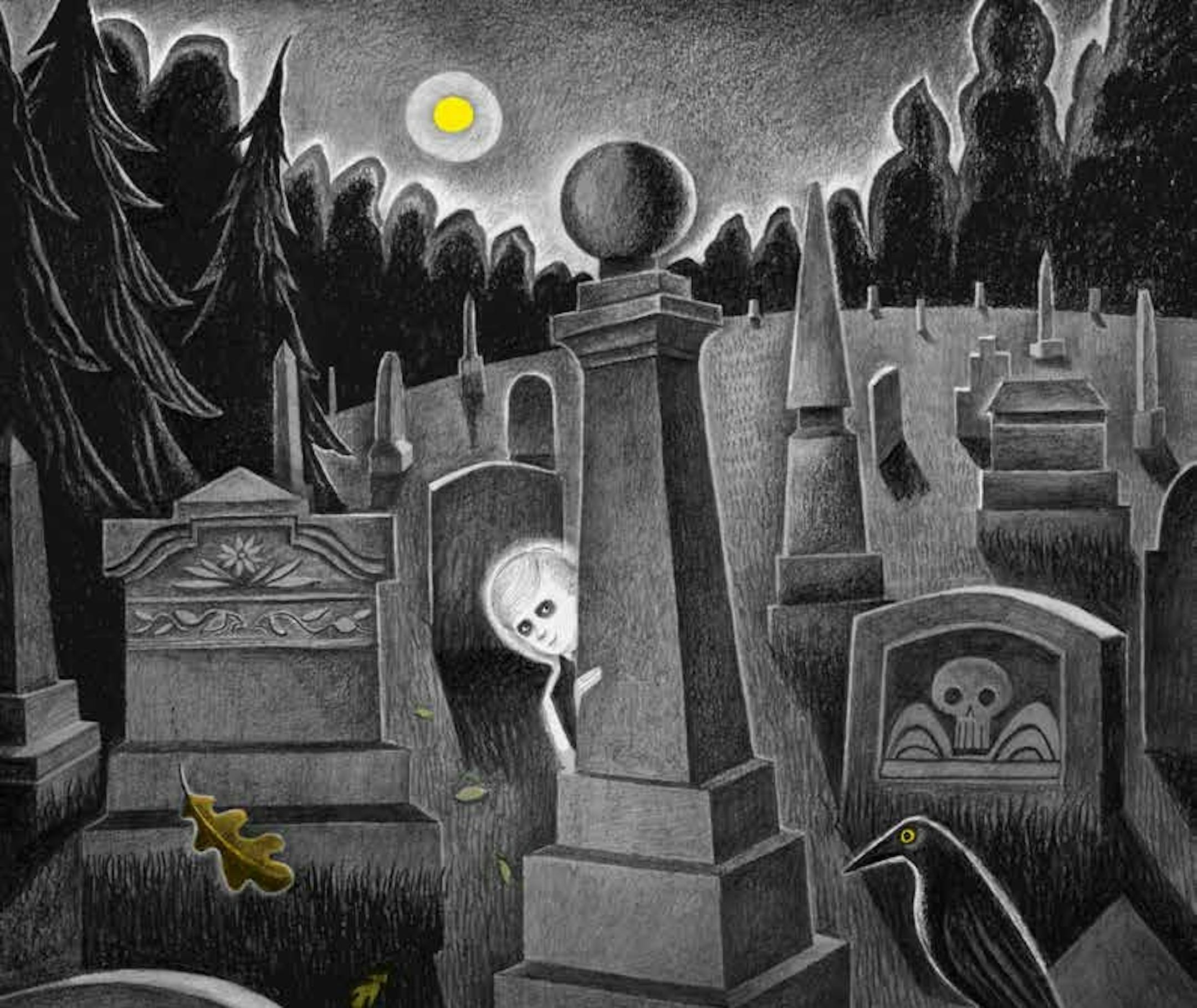 mostly black and white illustration of a cemetery