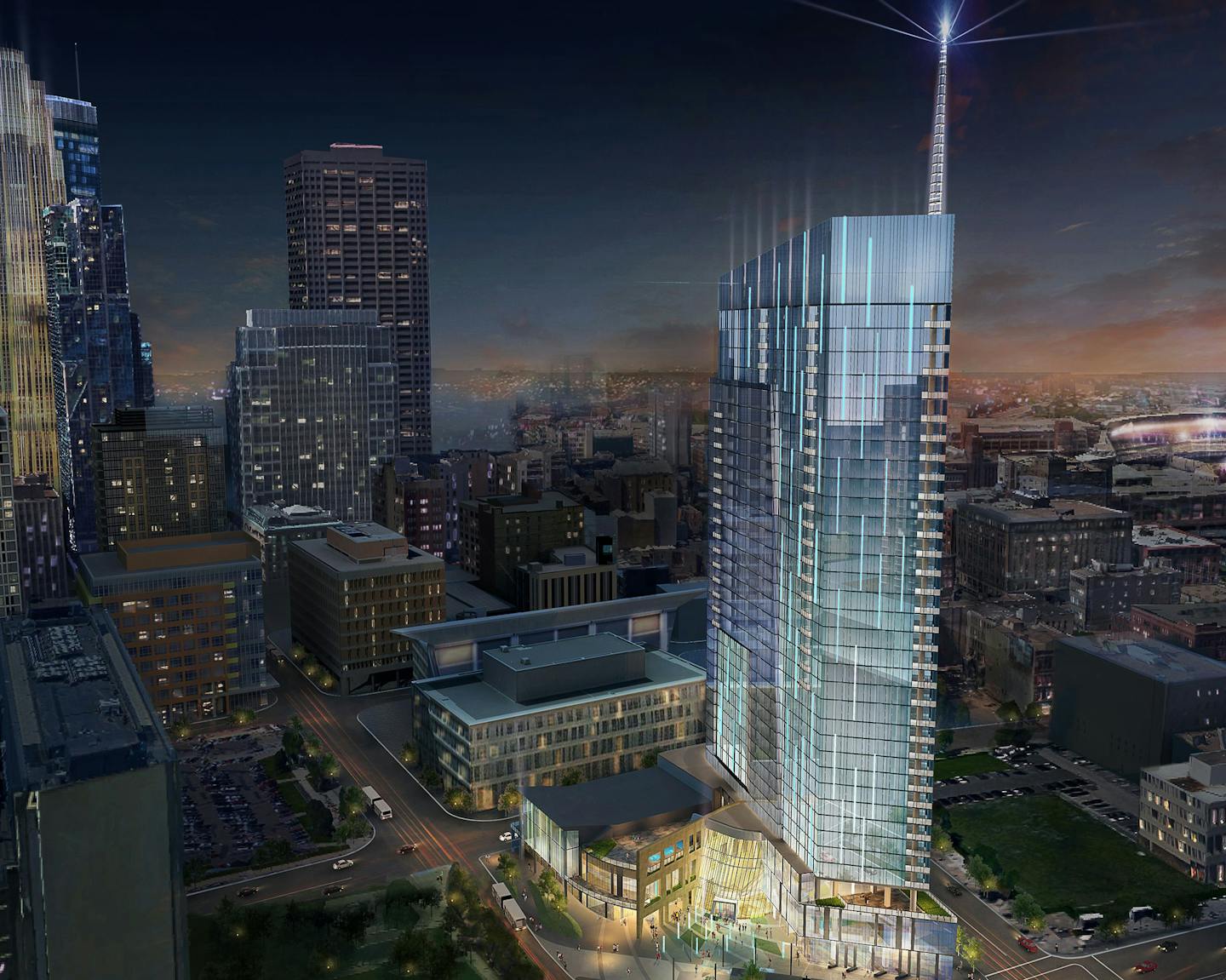 Courtesy Elness Swenson Graham Architects, Inc. Rendering of Four Seasons Hotel on Nicollet Hotel Block.