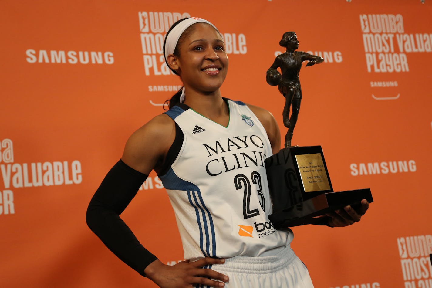 Lynx forward Maya Moore received the MVP trophy in August. She signed a contract extension Thursday.