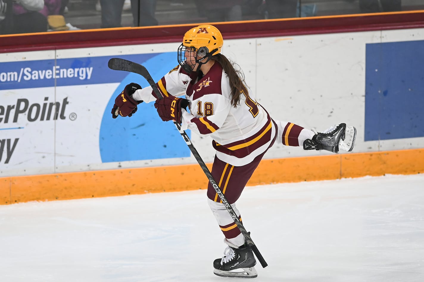 Minnesota Gophers forward Abbey Murphy (18) celebrates her goal against the Ohio State Buckeyes in the second period.