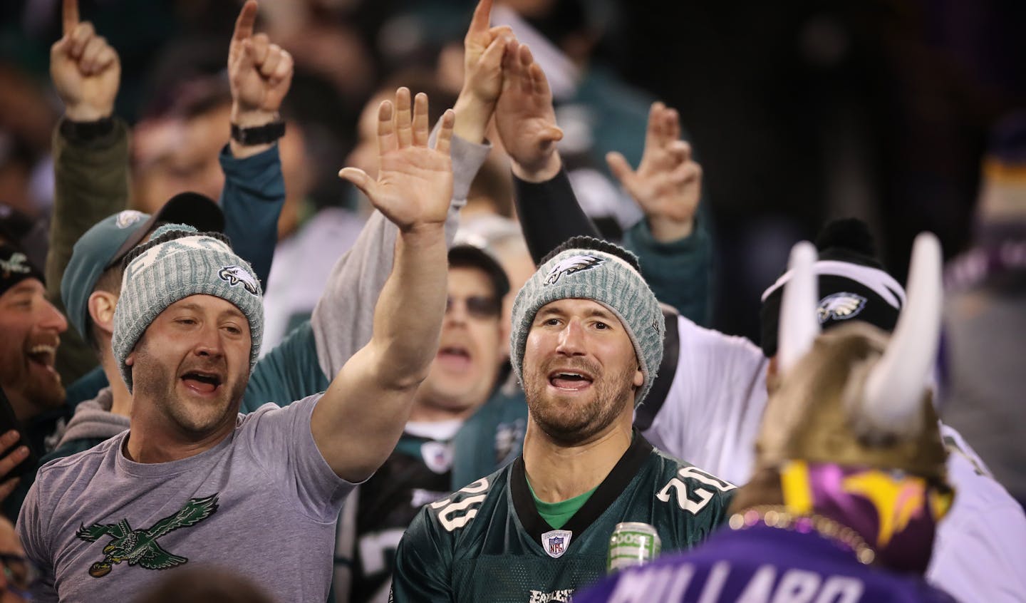 Eagles fans waved goodbye to a Vikings fan after he left the stadium during the NFC Championship game at Lincoln Financial Field January 21 ,2017 in Philadelphia , PA] JERRY HOLT &#xef; jerry.holt@startribune.com