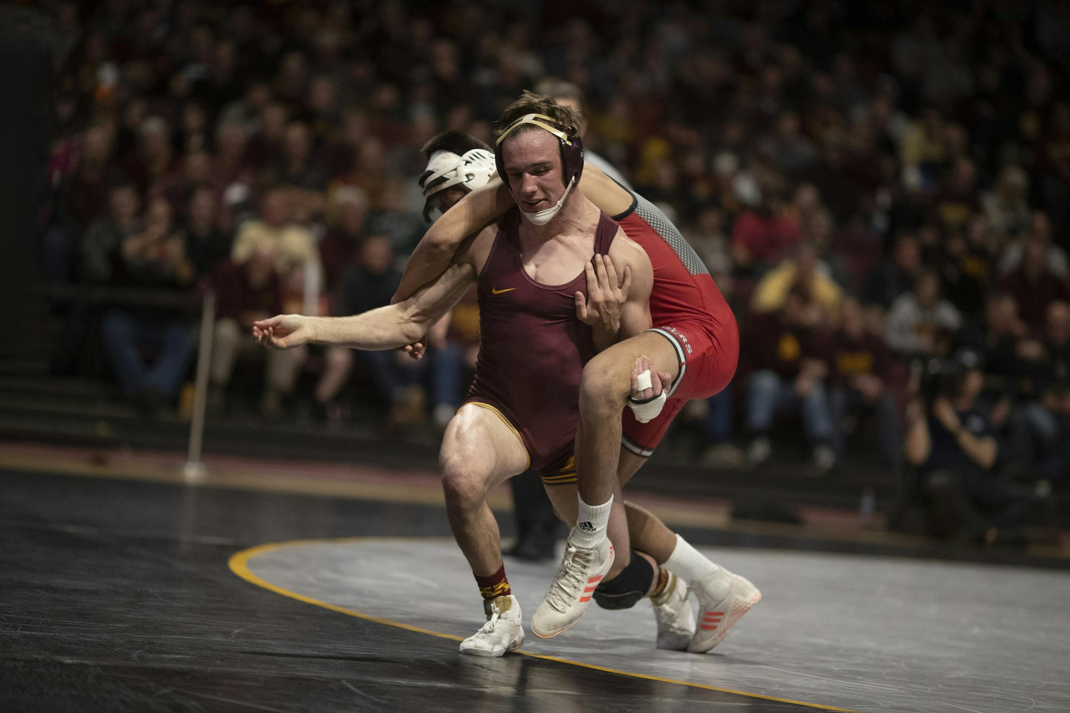 Gophers Steve Bleise took Rugers John Van Brill down and scored two points at Maturi Pavilion Sunday January 6, 2019 in Minneapolis,MN.] Bleise won the match 7-3. The University of Minnesota hosted Rutgers in Big Ten wrestling action at Maturi Pavilion. Jerry Holt &#x2022; Jerry.holt@startribune.com
