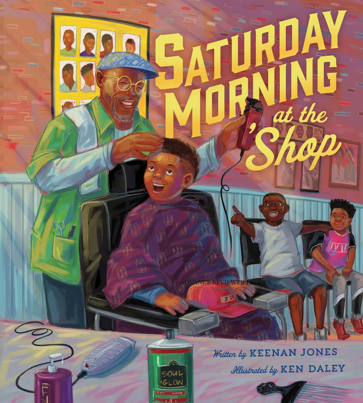 cover of Saturday Morning at the 'Shop is an illustration of a kid getting his hair cut by a barber while two other kids look on