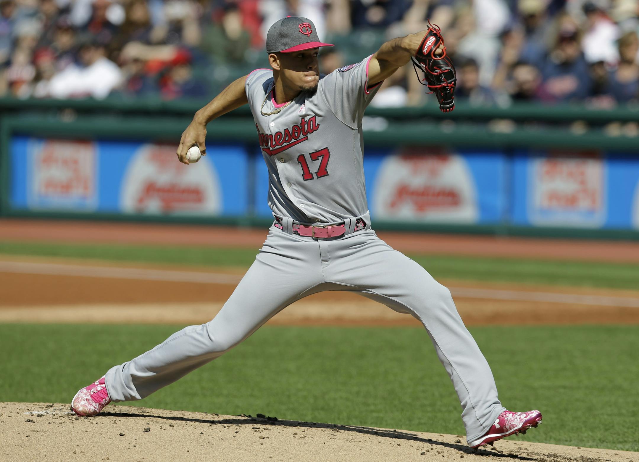 Minnesota Twins starting pitcher Jose Berrios delivers in the first inning of a baseball game against the Cleveland Indians, Saturday, May 13, 2017, in Cleveland. (AP Photo/Tony Dejak)