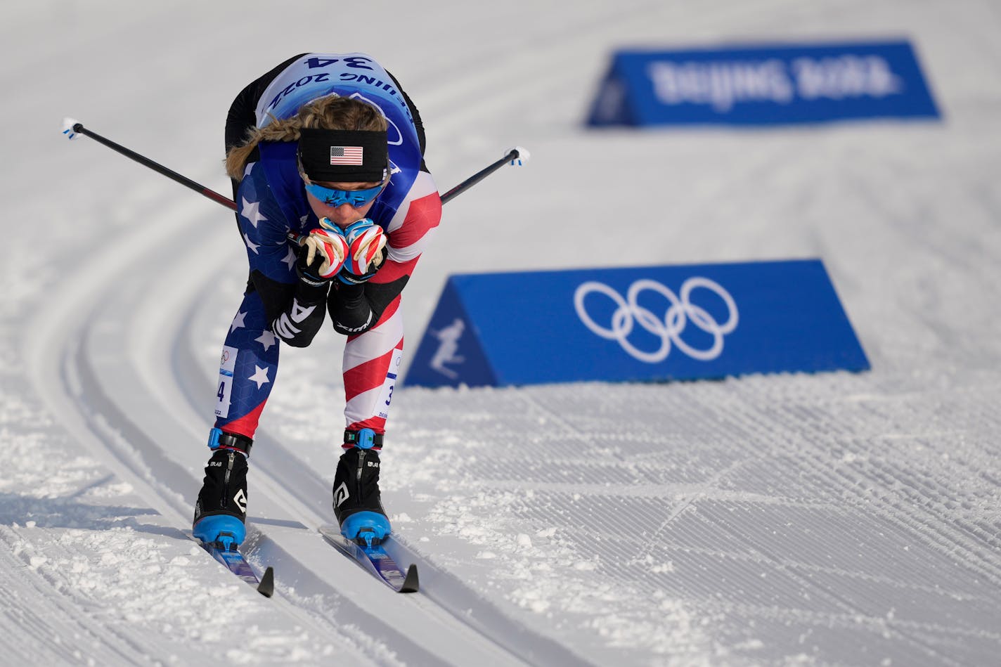 Jessie Diggins competes during the women's 10km classic cross-country skiing competition at the 2022 Winter Olympics Thursday