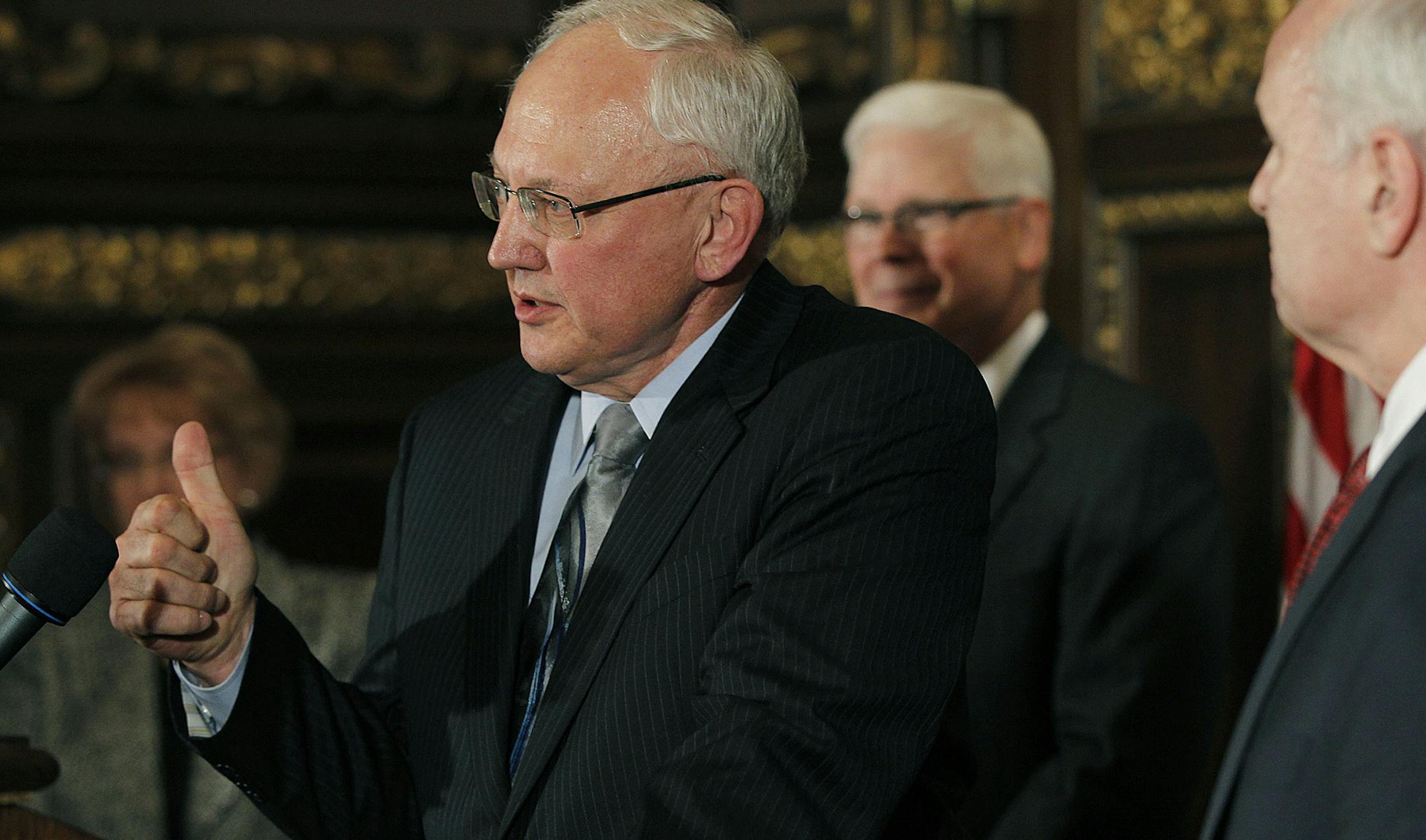 Justice Paul Anderson gave his support to the newly appointed Supreme Court Justice David Lillehaug after Governor Mark Dayton made the announcement at the Minnesota Capitol, Tuesday, March 26, 2013. (ELIZABETH FLORES/STAR TRIBUNE) ELIZABETH FLORES ¬• eflores@startribune.com ORG XMIT: MIN1303261430311099