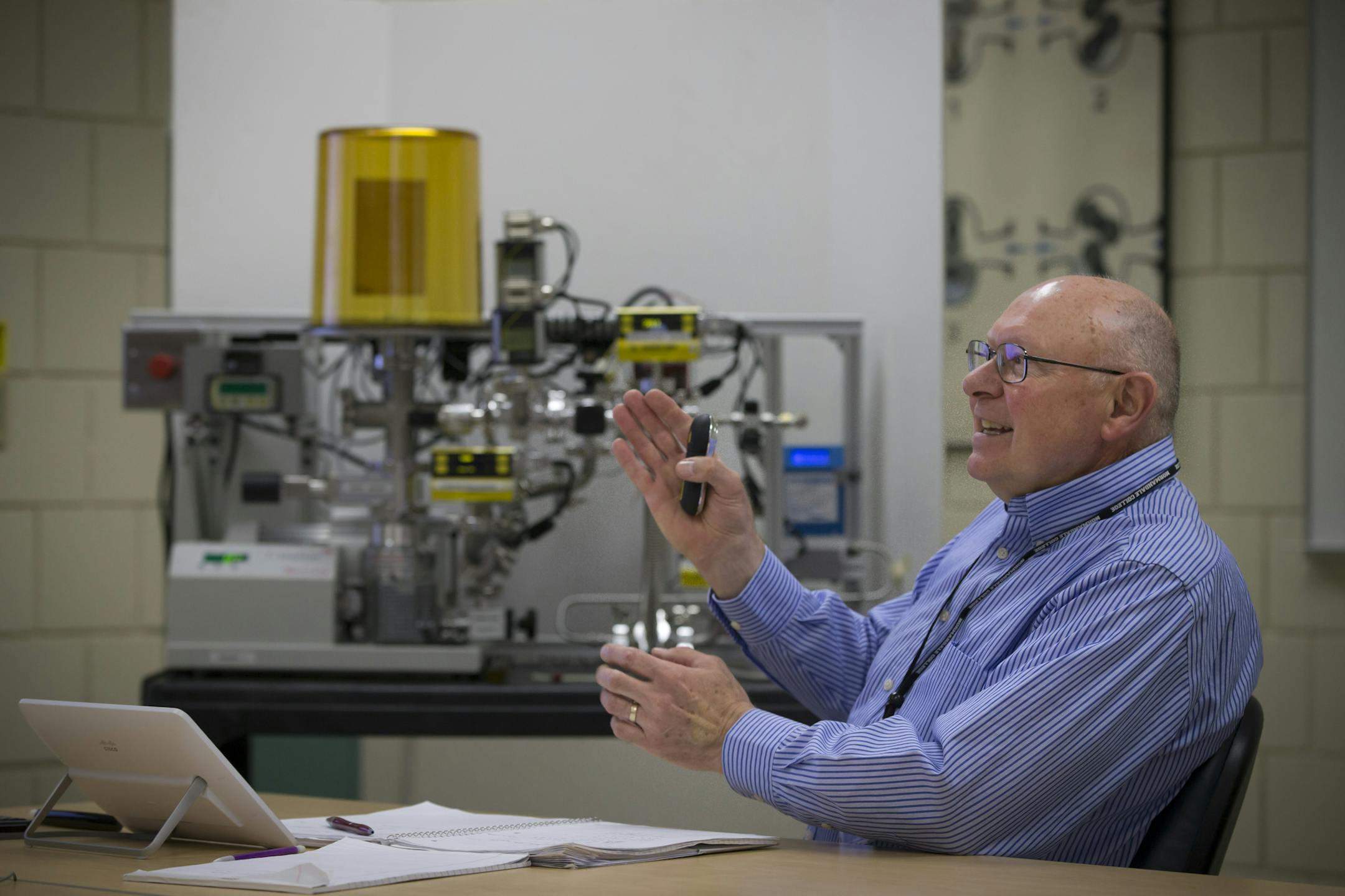 Normandale instructor Del Smith demonstrated a vacuum system during his vacuum and thin-film technology class on Monday.